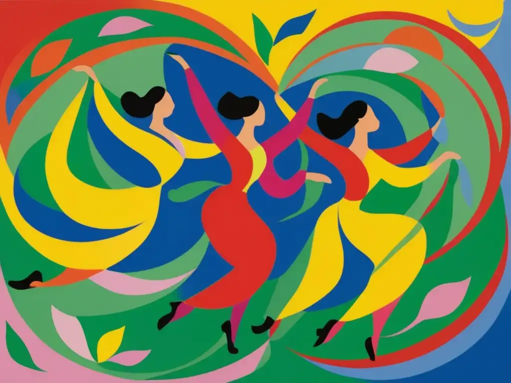 Una impresionante representación de 'La Danza' de Henri Matisse, llena de figuras alegres y vibrantes en movimiento circular