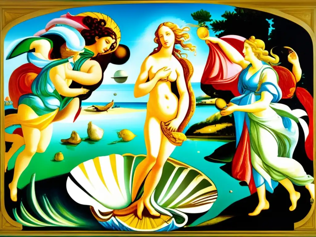 Una impresionante representación detallada de 'El nacimiento de Venus' de Sandro Botticelli, destacando la iconografía en la pintura de Botticelli