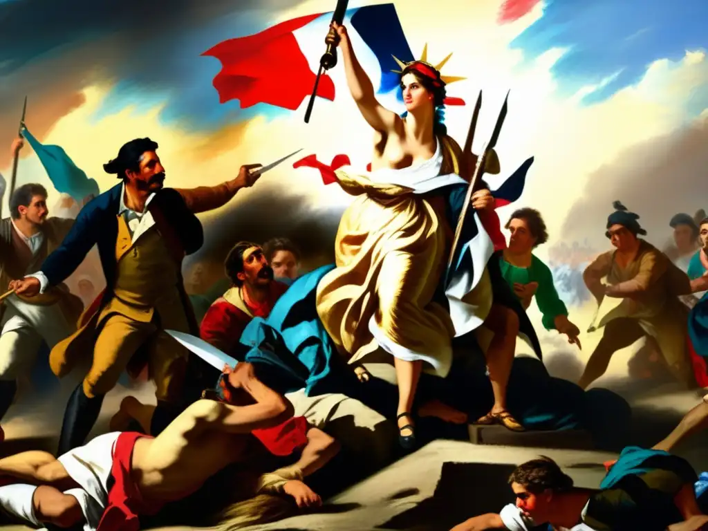 Una impresionante representación en 8k del Liderazgo del Romanticismo Francés Delacroix, destaca a Liberty liderando la revolución con la bandera francesa, en medio de una escena histórica y tumultuosa