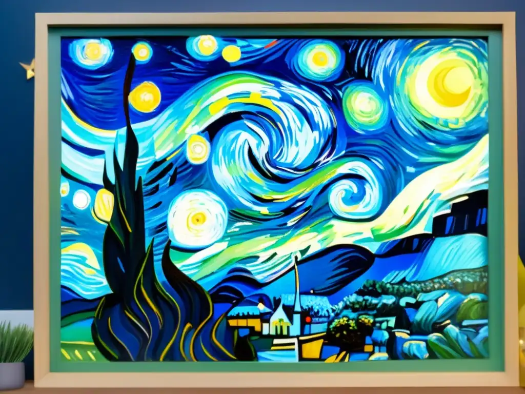 Una impresionante representación en 8K de 'La Noche Estrellada' de Vincent van Gogh, que muestra sus desafiantes pinceladas y colores vibrantes