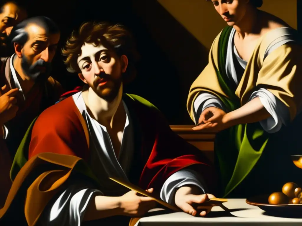 Una impresionante representación de la obra maestra de Caravaggio 'La vocación de San Mateo', destacando su distintivo estilo de claroscuro