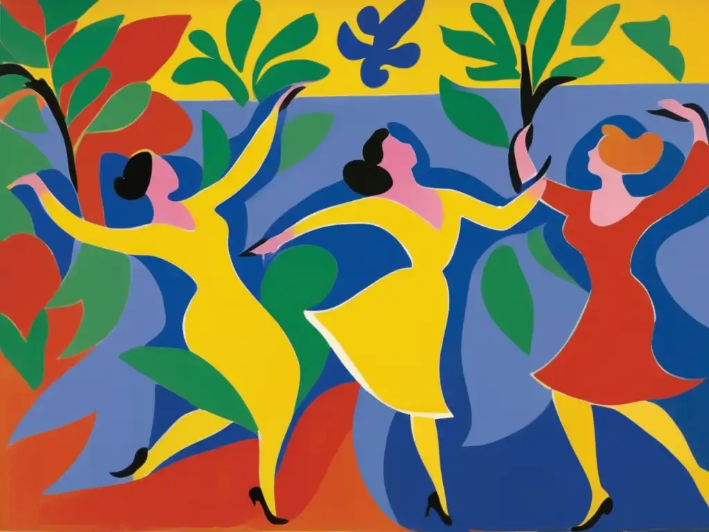 Una impresionante representación de la pintura 'Danza' de Henri Matisse, con colores vibrantes y pinceladas expresivas características del Fauvismo