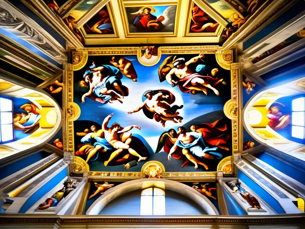 Una impresionante representación visual de la influencia del catolicismo en política italiana a través de los detallados frescos de la Capilla Sixtina, con colores vibrantes y una luz dramática