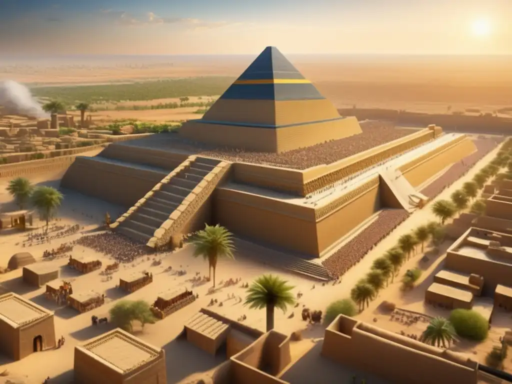 Un impresionante retrato en 8k de la antigua ciudad de Babilonia durante el reinado de Hammurabi, con ziggurats imponentes, bulliciosos mercados y escenas de vida cotidiana, que evocan la grandeza de la civilización babilónica en su apogeo