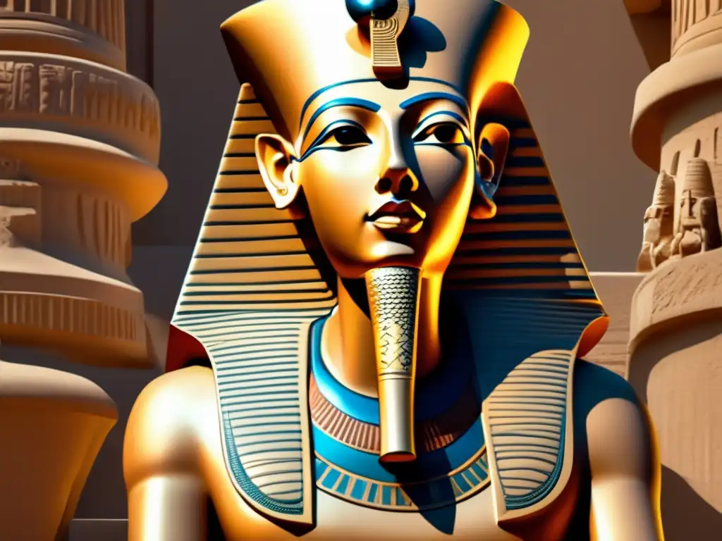 Un impresionante retrato de la colosal estatua de Akhenatón, destacando sus rasgos icónicos en contraste con un fondo minimalista moderno