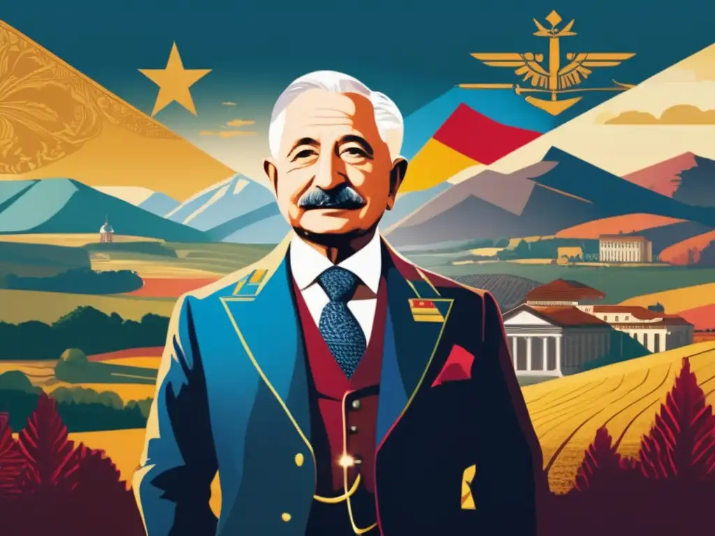 Un impresionante retrato digital de Ludwig von Mises en la campiña austriaca, rodeado de símbolos de libertad económica