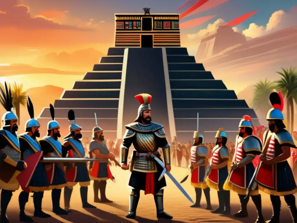 Un impresionante retrato digital de Hernán Cortés conquistador en el templo azteca, rodeado de guerreros aztecas y soldados españoles, capturando la tensión cultural