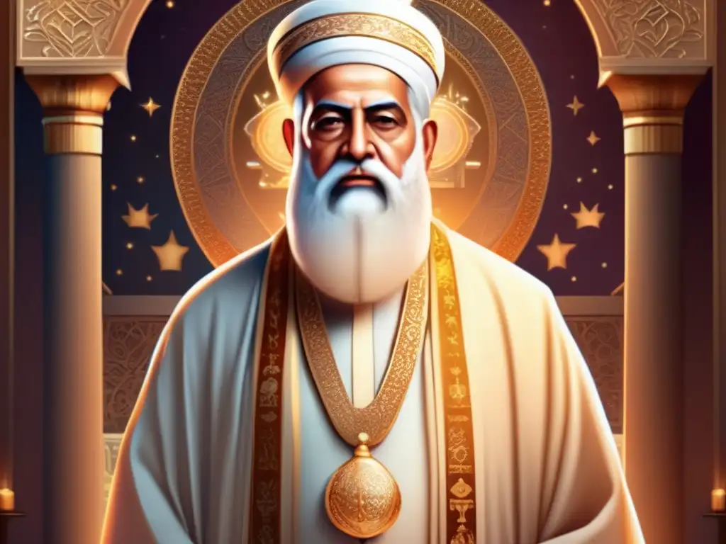 Descubre la impactante ilustración digital de Abraham, el patriarca del monoteísmo, en un contexto de las tres religiones principales: cristianismo, judaísmo e islam Un impresionante retrato digital detallado de Abraham, el patriarca del monoteísmo, frente a las tres principales religiones monoteístas