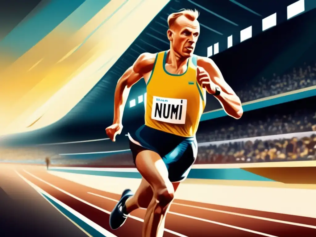 Un impresionante retrato digital de Paavo Nurmi corriendo, con enfoque en su rostro y forma muscular