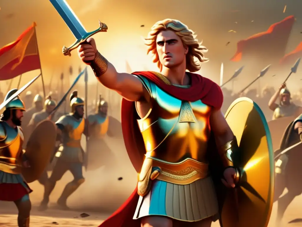 Un impresionante retrato digital de Alejandro Magno, líder triunfante en la batalla, exudando determinación y liderazgo