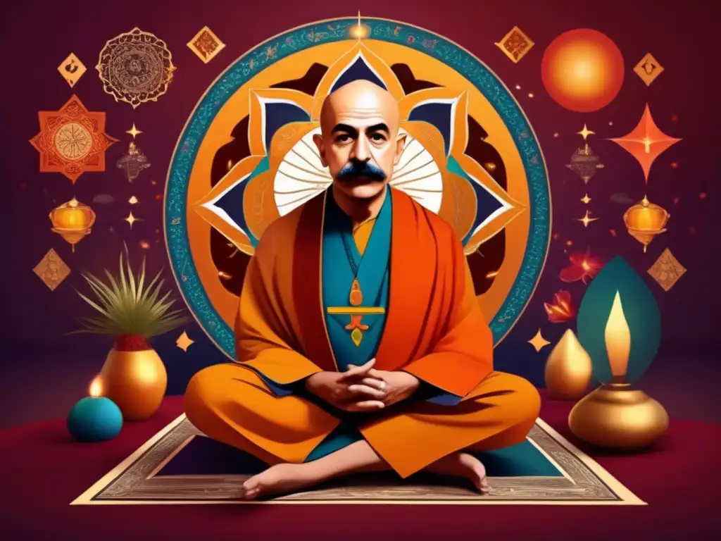 Un impresionante retrato digital de George Gurdjieff en pose contemplativa, rodeado de símbolos y motivos espirituales