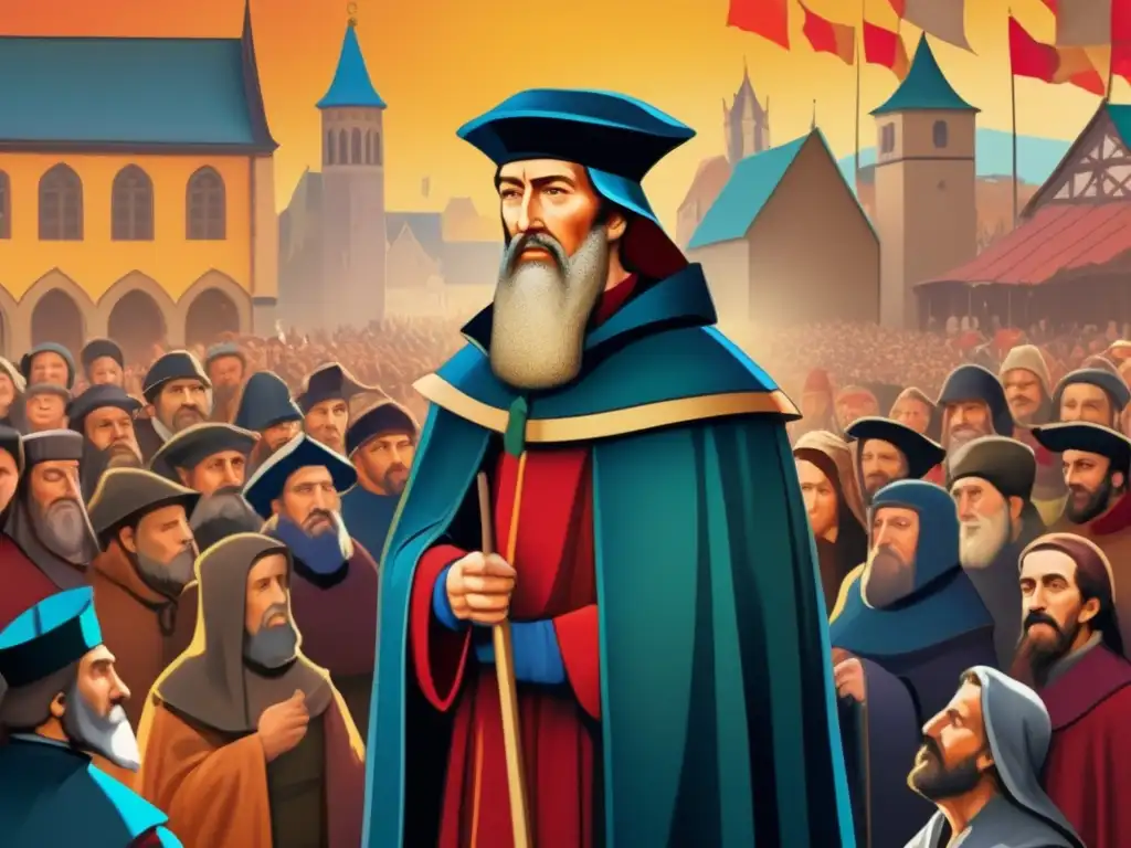 Un impresionante retrato digital de Jan Hus, líder de la reforma, rodeado de personas en atuendos medievales