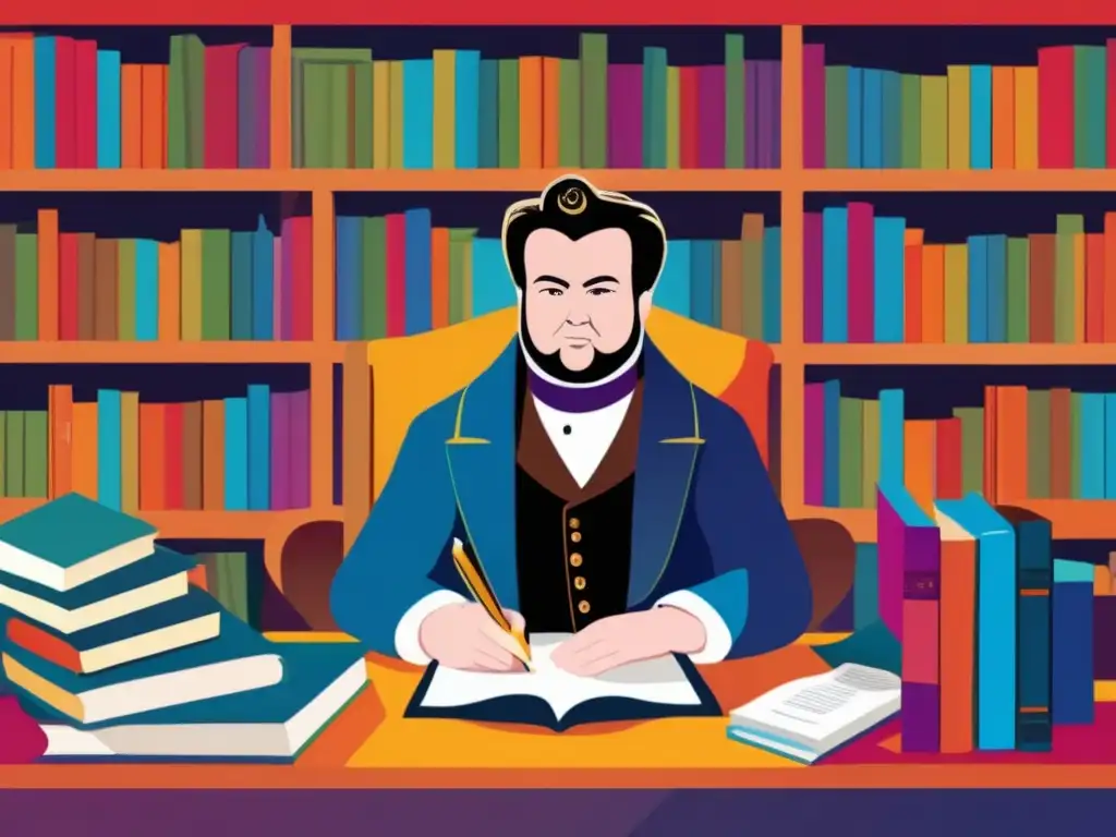 Un impresionante retrato digital de Stendhal rodeado de libros y papeles, capturando su pasión por la escritura y la literatura