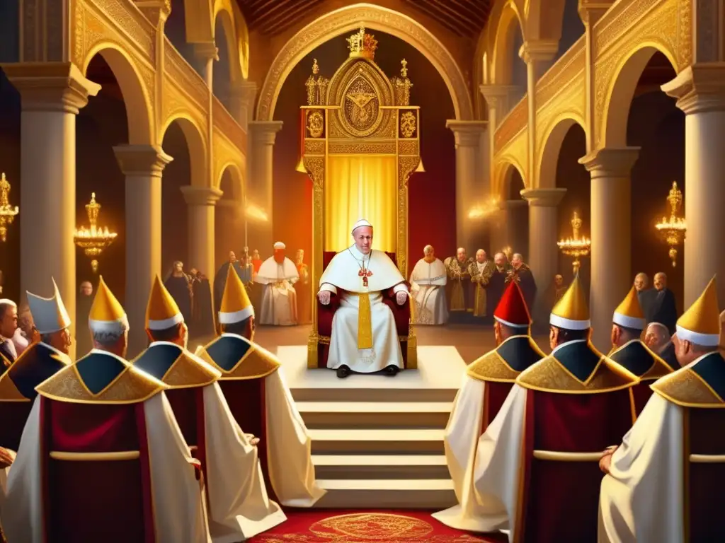 Un impresionante retrato digital del Papa Inocencio III en el trono papal, rodeado de arquitectura medieval y una procesión de clérigos y nobles