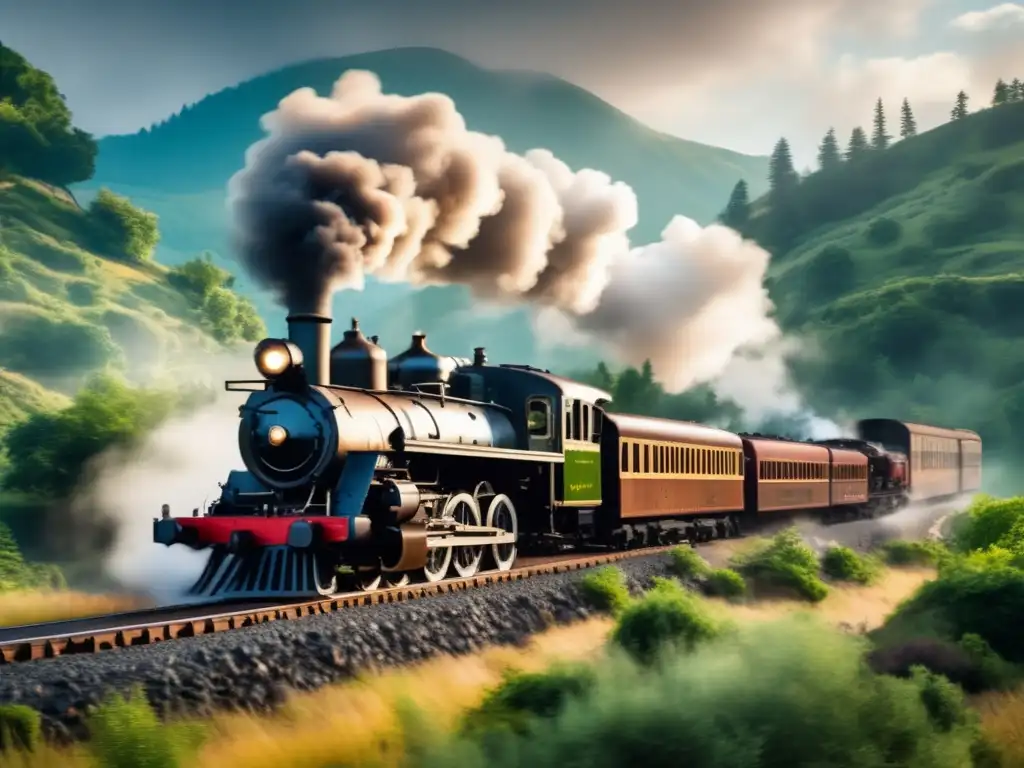 Un impresionante retrato en 8k de una histórica locomotora de vapor, rodeada de exuberante vegetación y majestuosas montañas
