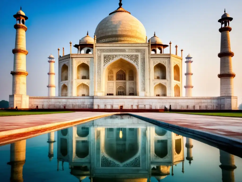 Un impresionante retrato en ultrahighresolution del intrincado enrejado de mármol y las delicadas tallas del exterior del Taj Mahal, mostrando la belleza simétrica y el arte y poder de los Mughal