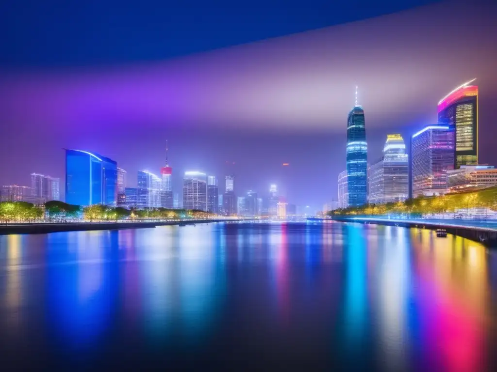 El impresionante skyline nocturno de una ciudad bulliciosa, con modernos rascacielos iluminados por luces de colores que se reflejan en un río tranquilo