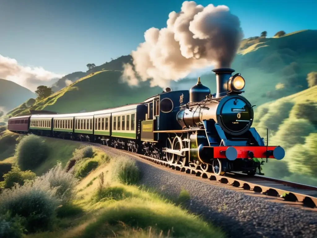 Un impresionante tren de vapor vintage avanza por las vías, con vapor blanco y montañas verdes