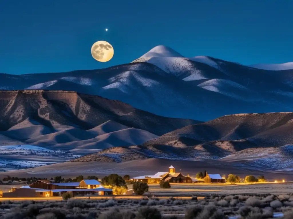 Una impresionante fotografía en 8k ultradetallada de la icónica 'Moonrise, Hernandez, New Mexico' de Ansel Adams, capturando el majestuoso paisaje con la luna ascendente sobre el pequeño pueblo y las montañas nevadas en el fondo