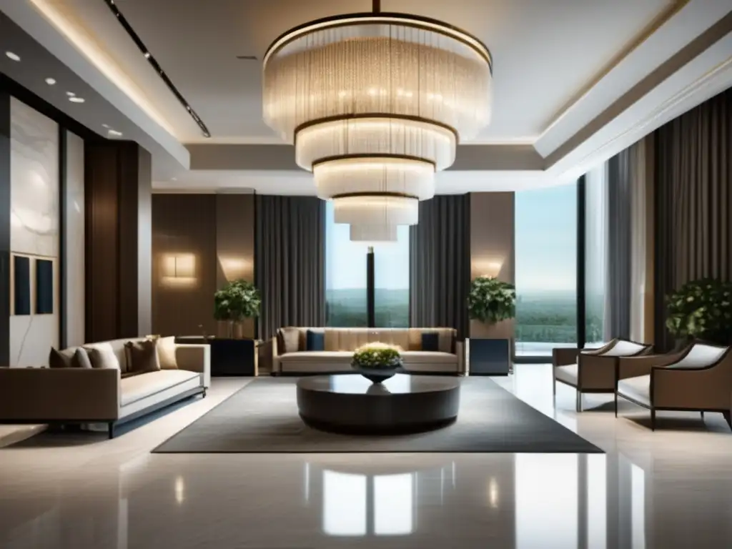 El impresionante vestíbulo de un hotel de lujo con un imponente candelabro, suelos de mármol y mobiliario contemporáneo
