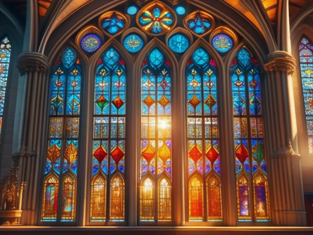 Una impresionante vidriera con símbolos religiosos y filosóficos, como el Árbol de la Vida, en una catedral gótica iluminada por el sol