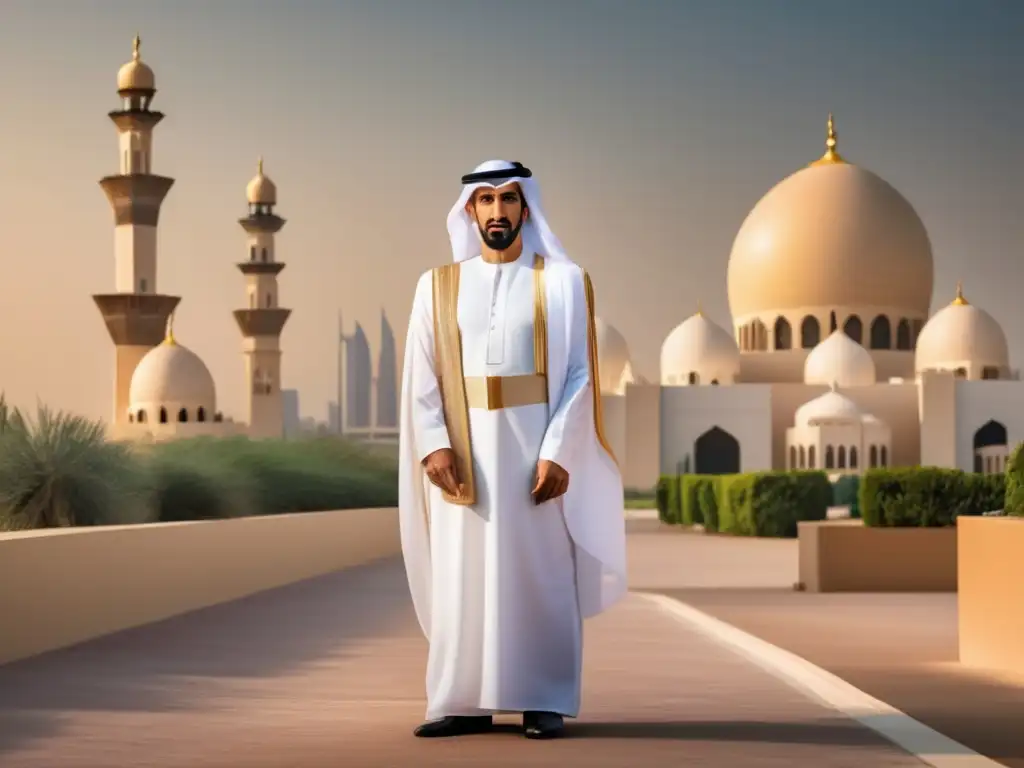 Una impresionante biografía de Sheikh Zayed bin Sultan Al Nahyan, líder visionario, con un fondo icónico y una presencia digna