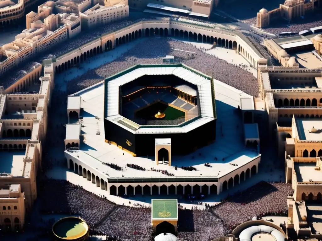 Una impresionante vista aérea de la Masjid alHaram en La Meca durante el Hajj, con la Kaaba en el centro y peregrinos circulando