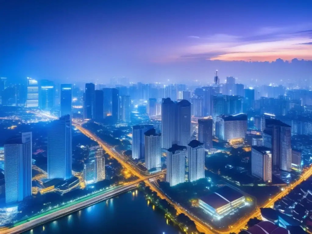 La impresionante vista aérea del skyline de Jakarta de noche muestra la moderna infraestructura iluminada de la ciudad