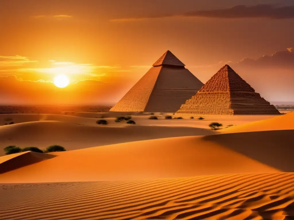 Una impresionante vista de las antiguas pirámides de Meroe en el Reino de Kush al atardecer, iluminadas por el cálido resplandor dorado del sol