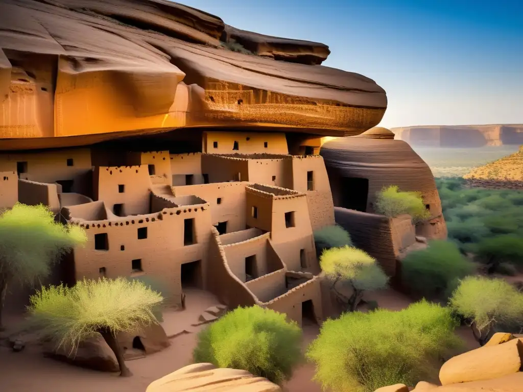 Una impresionante vista de las antiguas viviendas en acantilados de los Dogon en Mali, resaltando la cosmología única de los Dogones