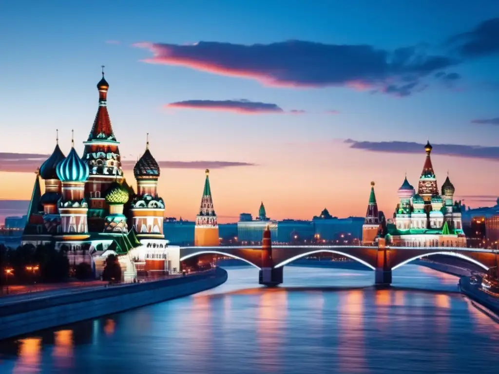 Una impresionante vista de Moscú al atardecer con la Catedral de San Basilio iluminada