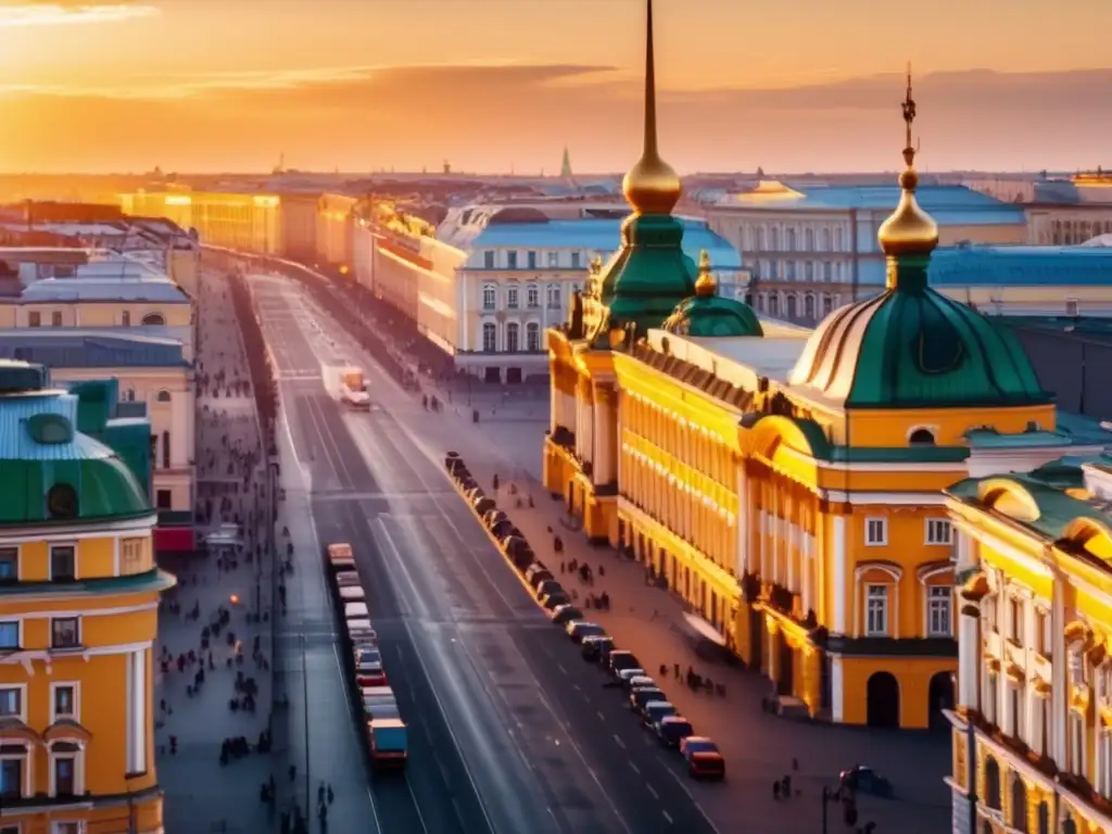 Una impresionante vista de la bulliciosa Avenida Nevsky en San Petersburgo, con sus cafés elegantes y la vida urbana, bajo la cálida luz del atardecer