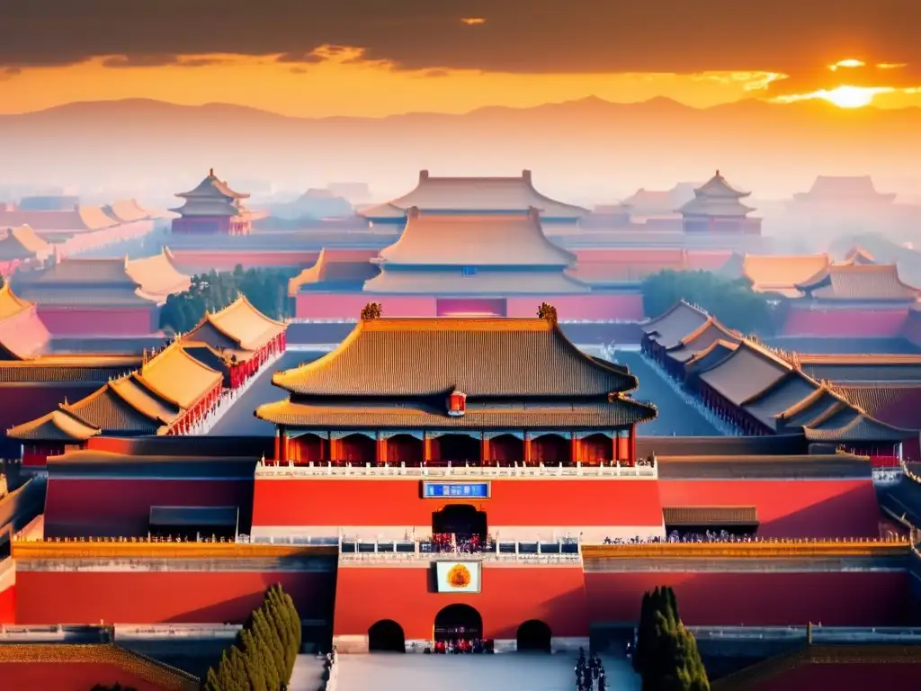 Una impresionante vista en 8k de la majestuosa Ciudad Prohibida en Beijing, China Imperial, bañada por la suave luz del atardecer