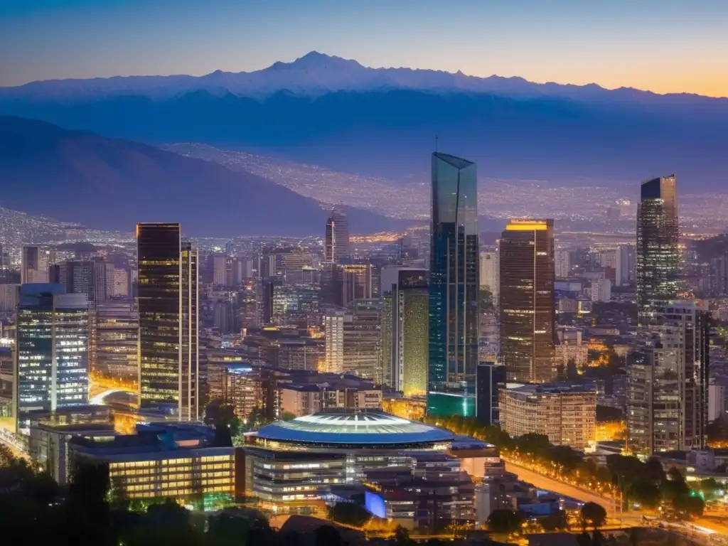 La impresionante vista nocturna de Santiago, Chile, con el resplandeciente horizonte y la cordillera de los Andes al fondo, refleja la influencia de Jorge Alessandri en la economía chilena