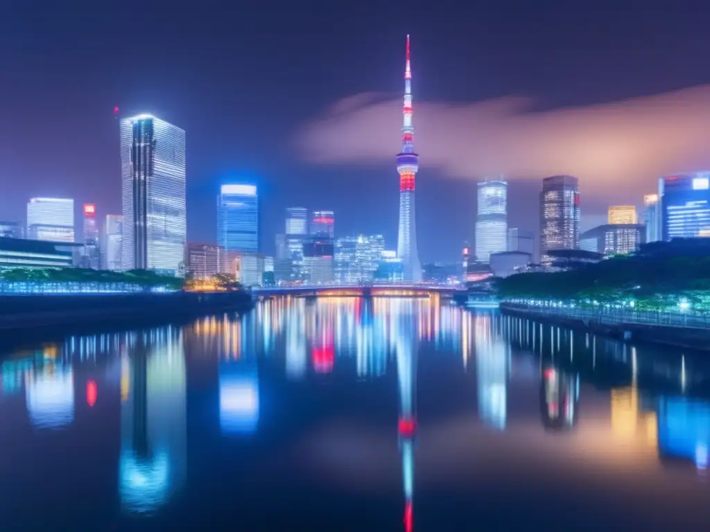 Una impresionante vista nocturna del skyline de Tokio, con sus futuristas rascacielos iluminados y reflejados en el río Sumida