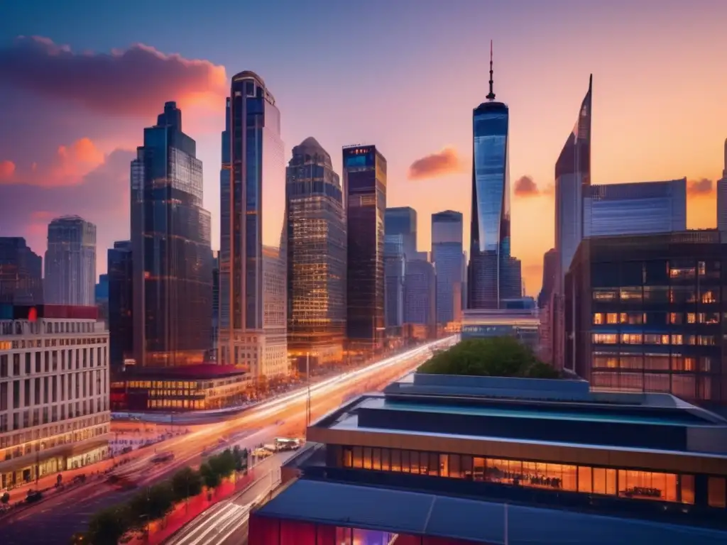 Una impresionante vista urbana al atardecer, con rascacielos, bullicio y una vibrante energía