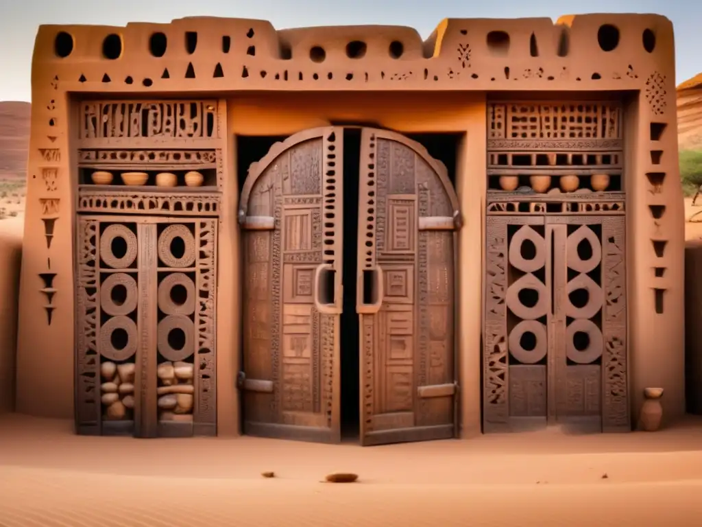 Unas impresionantes puertas de granero Dogon en 8k muestran la cosmología única de los Dogones a través de intrincados diseños y símbolos tallados