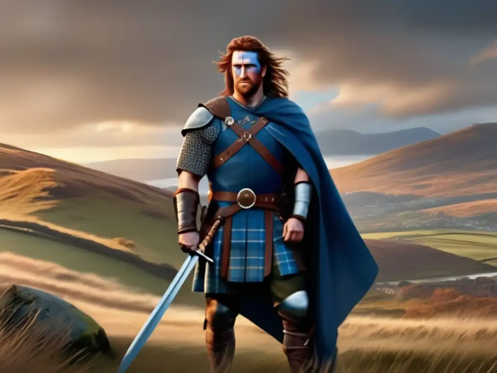 William Wallace, símbolo de la independencia de Escocia, en una ilustración moderna con la bandera escocesa de fondo