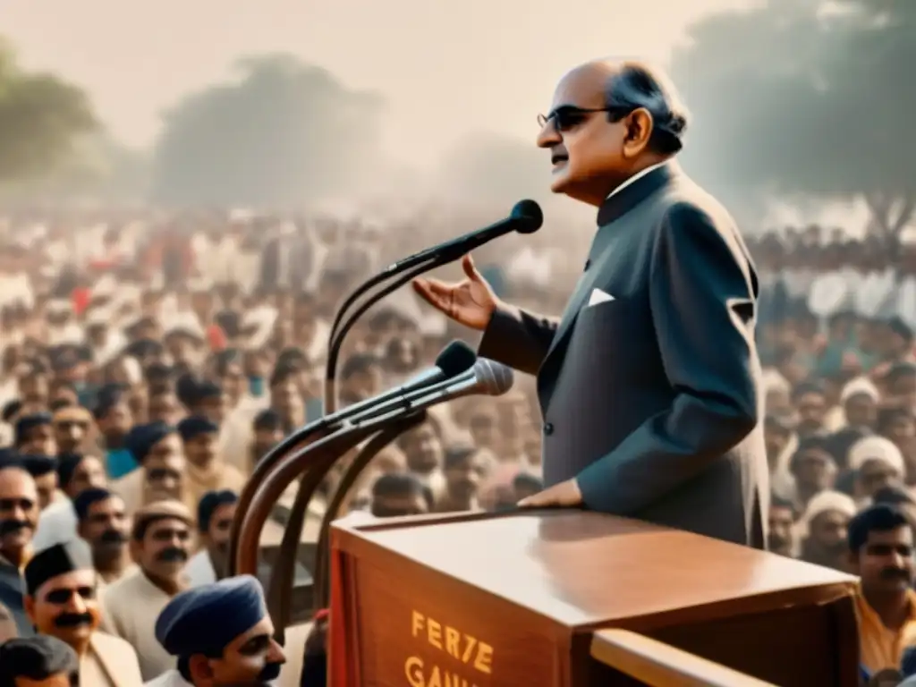 Feroze Gandhi líder independiente India da un apasionado discurso en un mitin político moderno, rodeado de una multitud diversa y comprometida