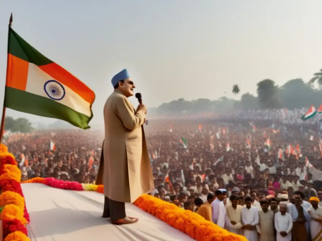 Feroze Gandhi líder independiente India habla en un mitin político, rodeado de seguidores entusiastas y banderas ondeando