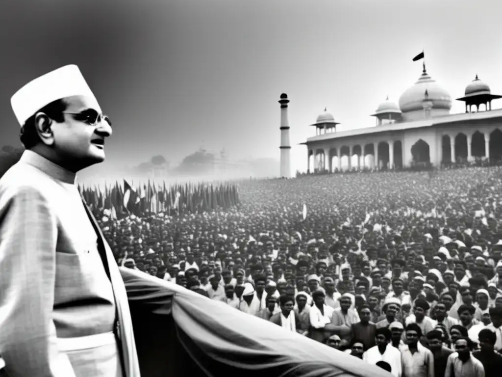 Feroze Gandhi líder independiente India dirige a una multitud diversa con determinación y carisma