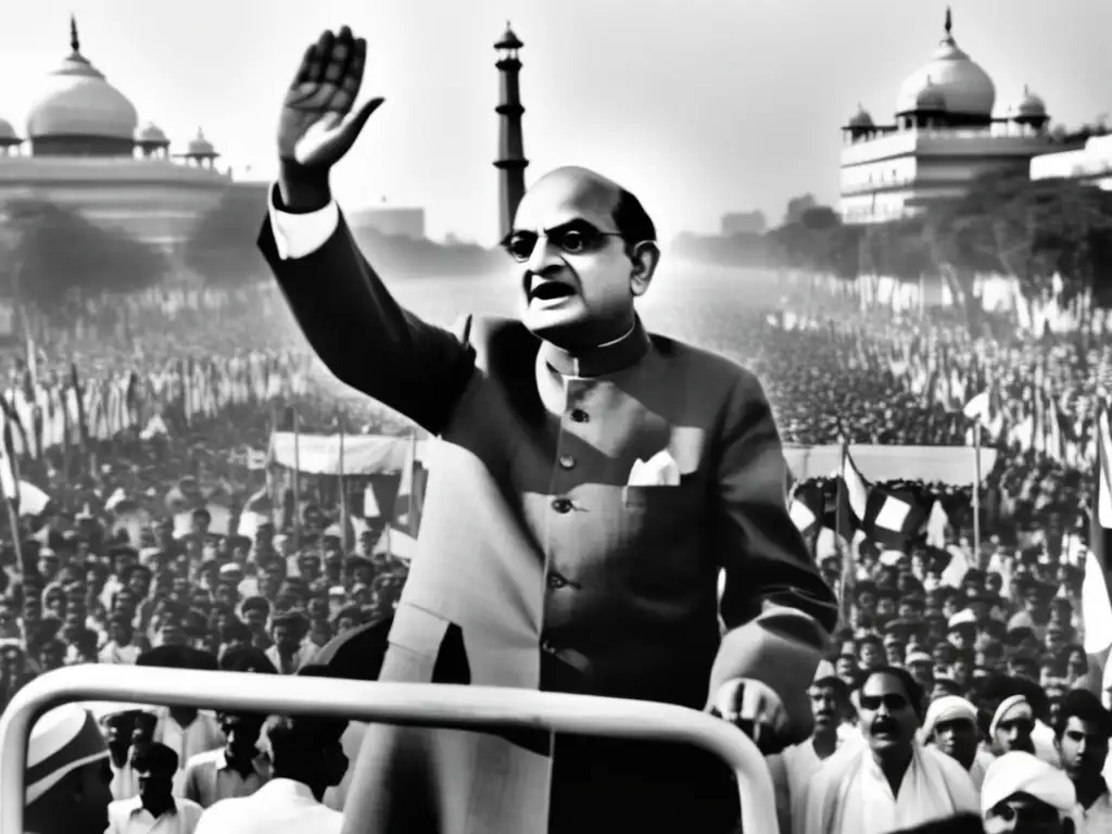 Feroze Gandhi líder independiente India dirige apasionadamente a la multitud en una bulliciosa ciudad, reflejando su carisma y determinación