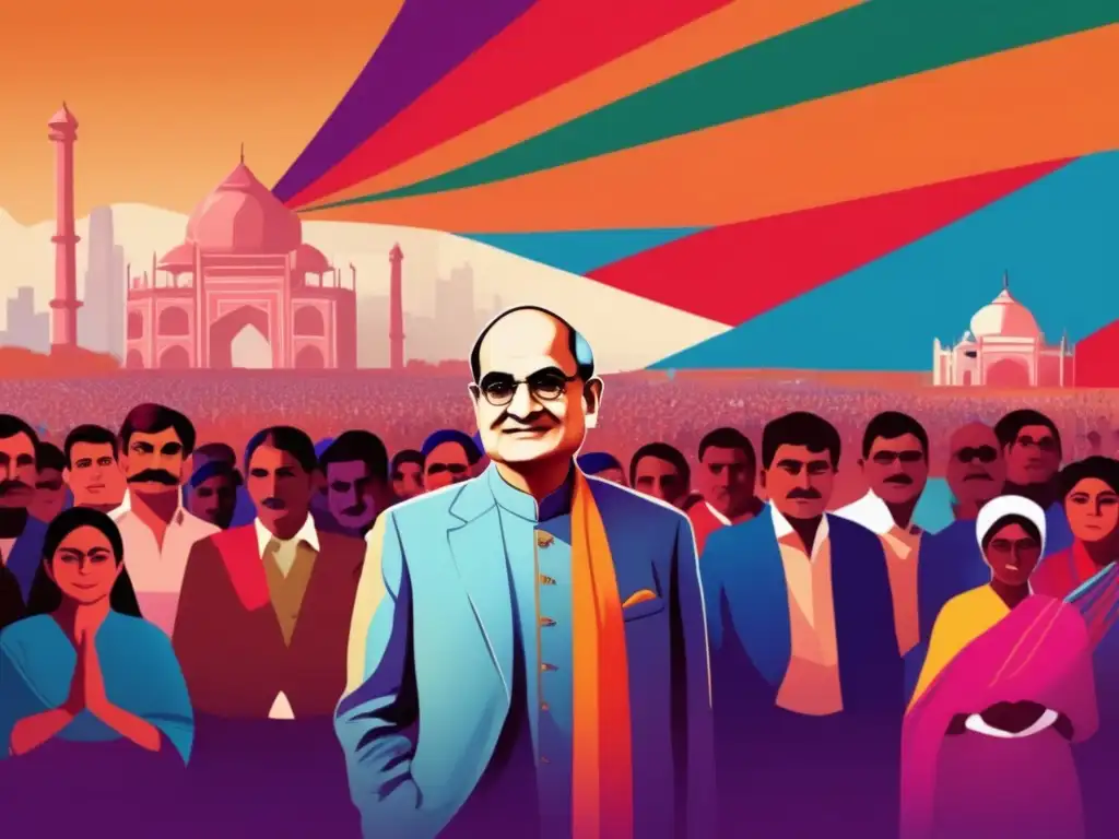 Feroze Gandhi líder independiente India en vibrante ilustración digital, rodeado de seguidores diversos en un rally político