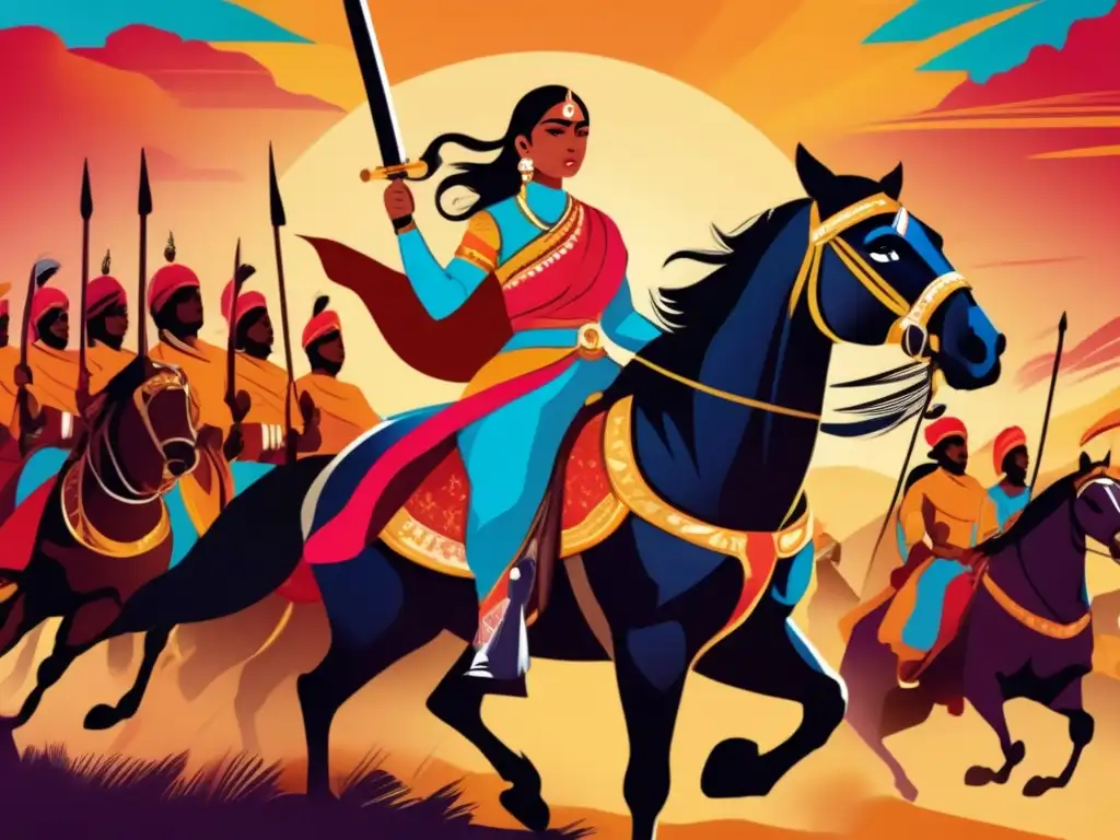 En la India colonial, Rani Lakshmibai lidera valientemente a su ejército en la batalla, mostrando su liderazgo femenino con determinación y coraje