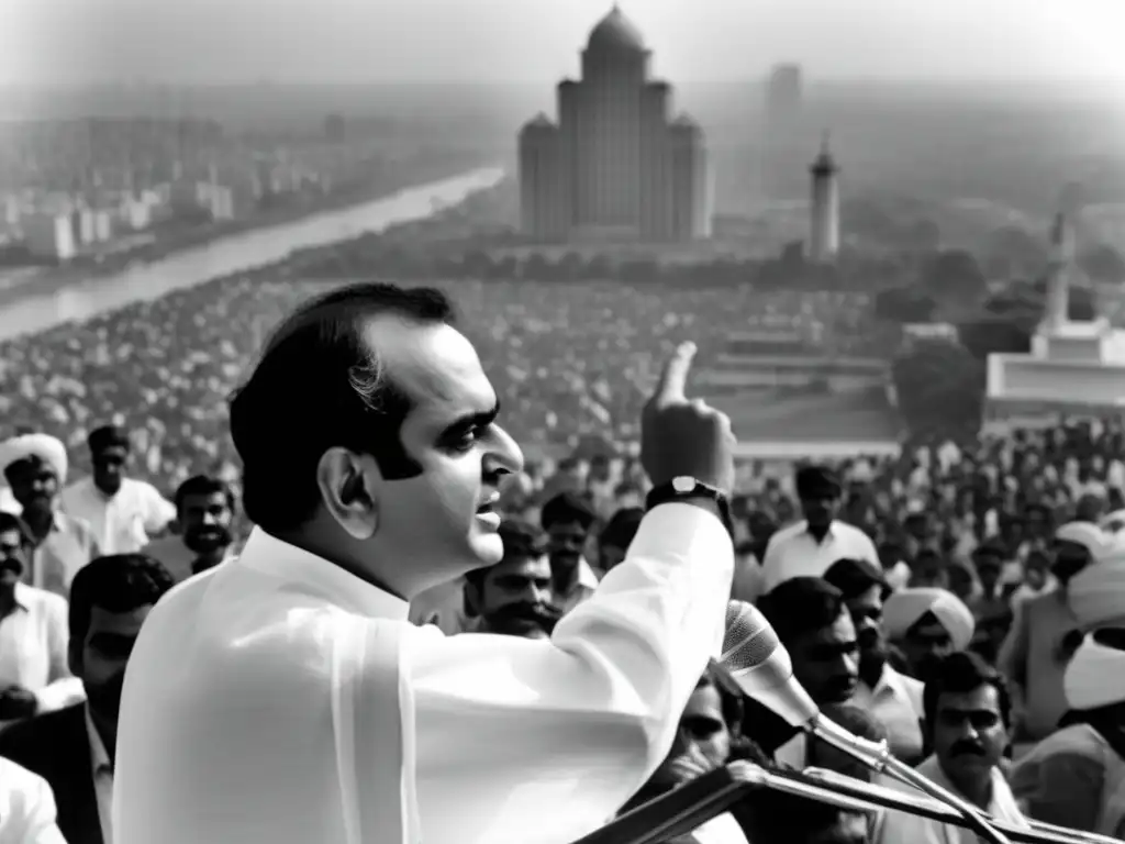Rajiv Gandhi modernización India controversia - Foto en blanco y negro de Rajiv Gandhi hablando a una multitud, con el skyline de una ciudad moderna de fondo