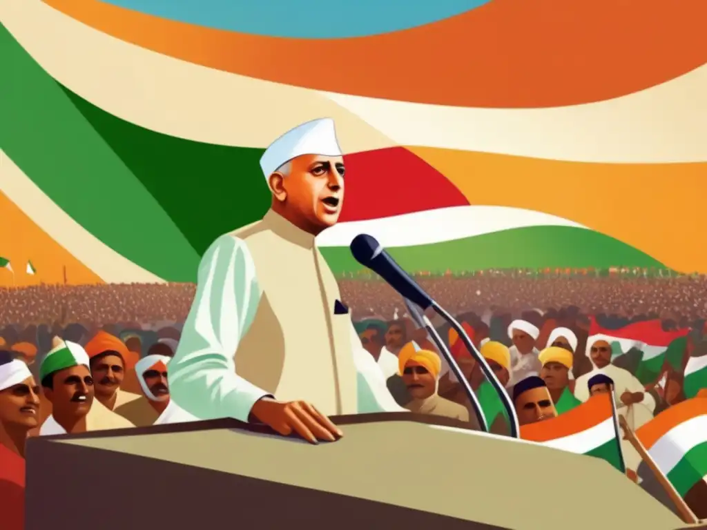 Jawaharlal Nehru líder India habla apasionadamente ante una multitud, con la vibrante bandera india de fondo