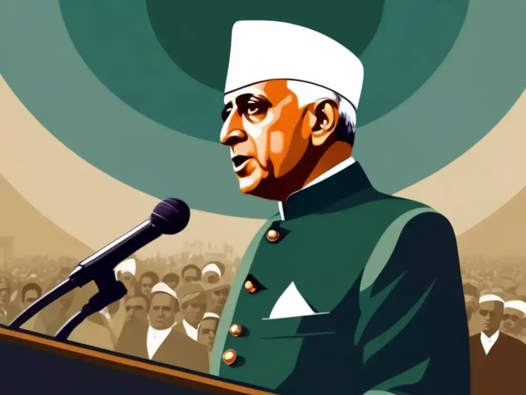 Jawaharlal Nehru líder India pronuncia un poderoso discurso, transmitiendo autoridad y visión