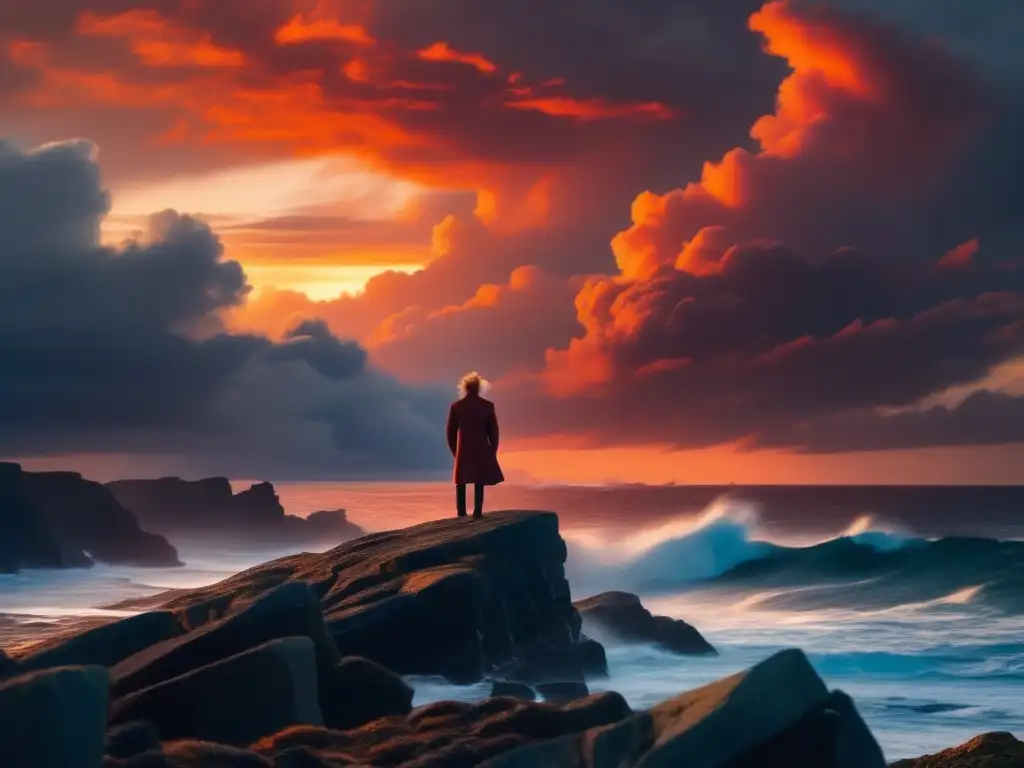Un individuo solitario reflexiona en un acantilado rocoso frente a un mar agitado, mientras el viento ondea su cabello