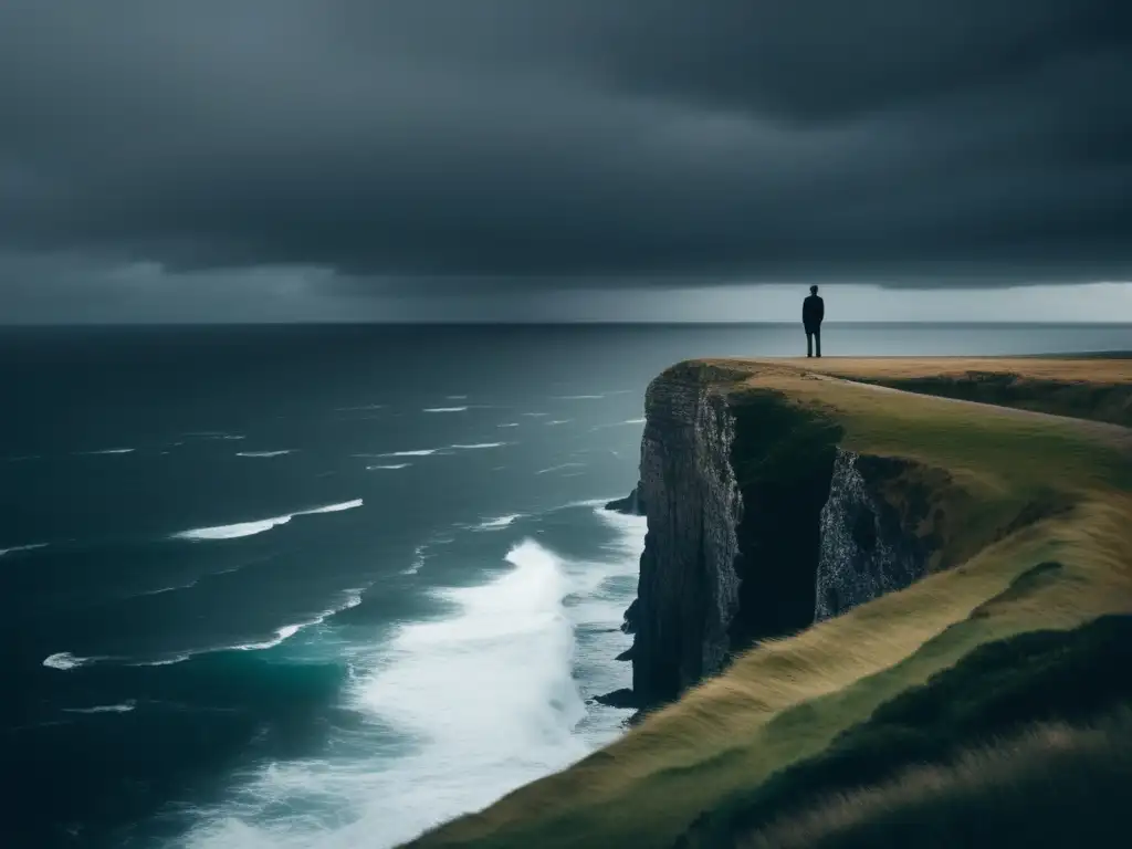 Un individuo solitario contempla el mar tumultuoso desde un acantilado, reflejando la complejidad del existencialismo de Kierkegaard