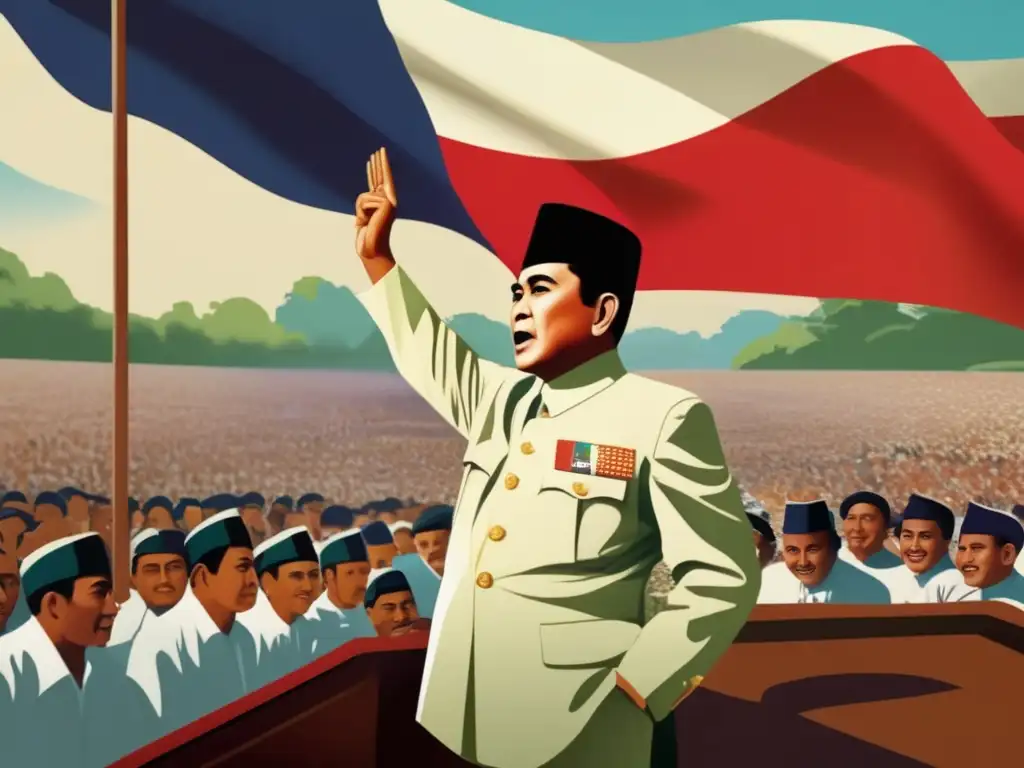 Sukarno líder Indonesia pronuncia apasionado discurso ante multitud diversa ondeando bandera nacional